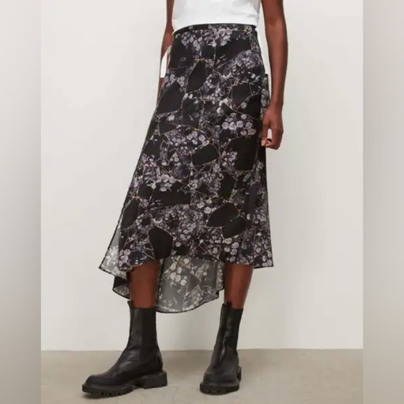 ALL SAINTS Luisa Buruberu Printed Floral Skeleton Midi Skirt Sz 0 - Picture 2 of 11